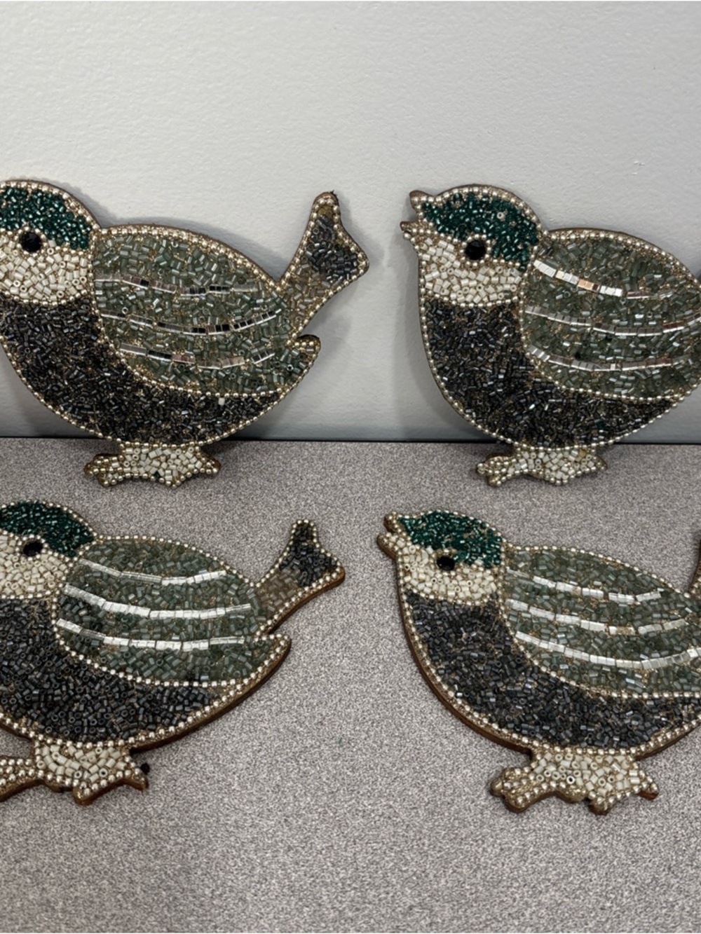 Vintage Beaded Bird Wooden Coasters - Green and Black Decorative Set 4 ct.